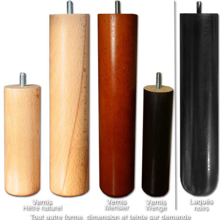 Une partie de la gamme de pieds distribué par Vosges Literie